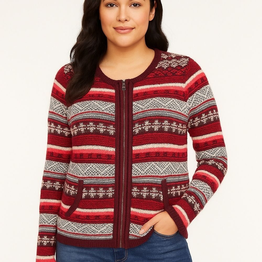 New LOFT Fair Isle Zip Front Cardigan Sweater Red Burgund Cream Western Pocket L